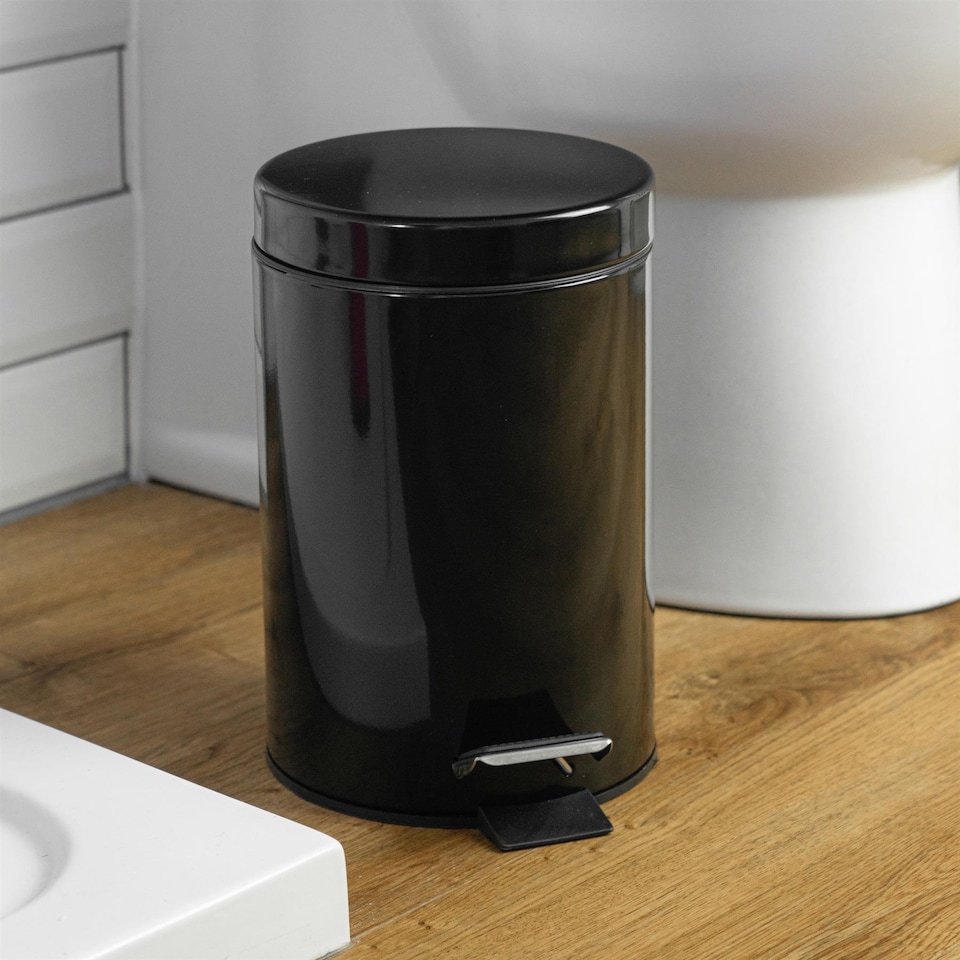 image 1 of Harbour Housewares Bathroom Pedal Bin - 3L - Black - Round Stainless Steel Slim Rubbish Dustbin Lid and Inner Liner Bucket