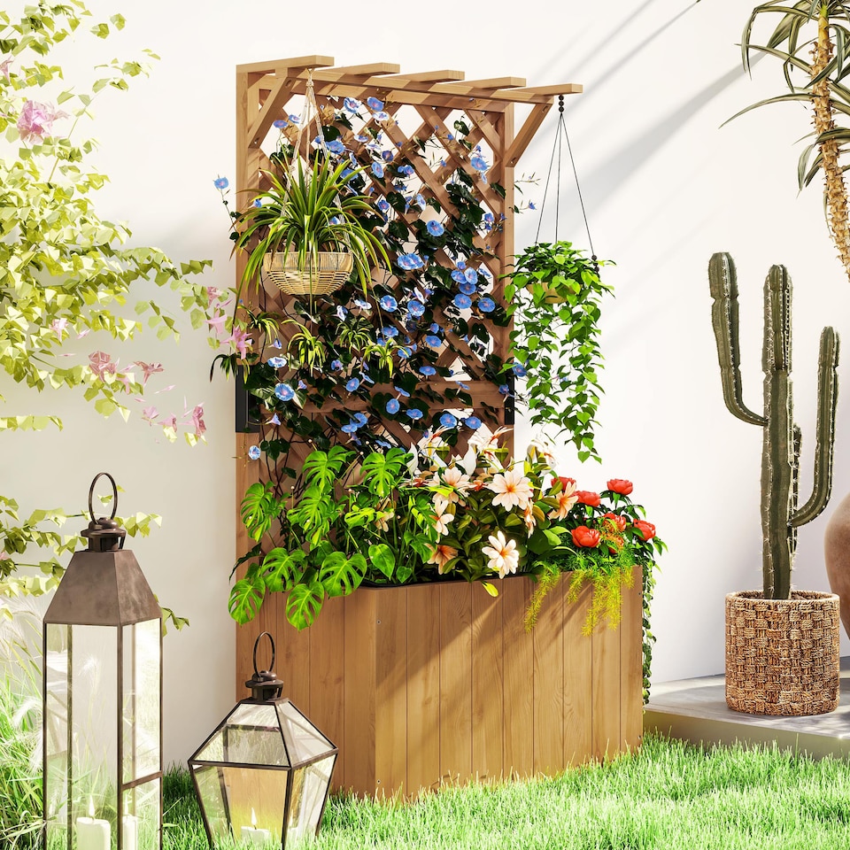 image 1 of Outsunny Outdoor Wooden Planter with Trellis and Drainage Holes, Natural
