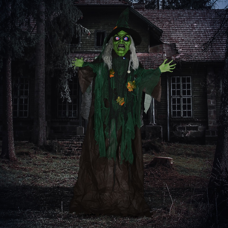 image 1 of HOMCOM 6ft Outdoor Halloween Decoration Witch, Standing Witch Prop Life Size with Sound and Motion Activated, Light Up Eyes Magical Heart, Talking Sound, Posable Arms, Moving Head
