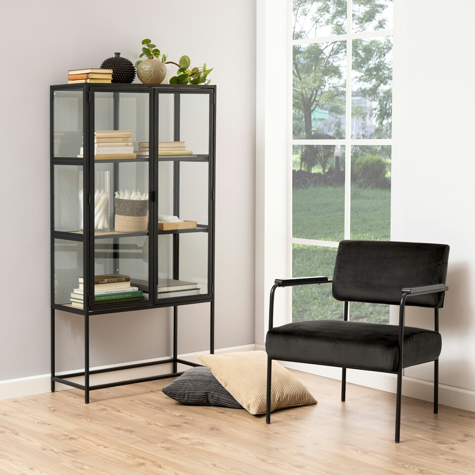 image 1 of Seaford 2 Glass Door Display Cabinet in Black & Oak
