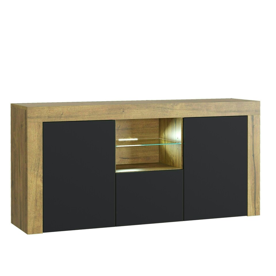 image 1 of TV Unit 145cm Black Matt Doors Free LED Oak Modern Media Cabinet Multi | Oak Matt Body & Black Matt Doors
