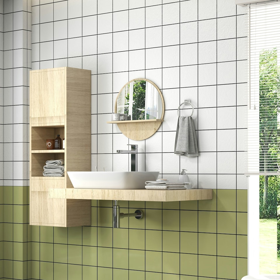 image 1 of kleankin Round Mirror for Wall Makeup Mirror with Shelf Natural Wood Effect