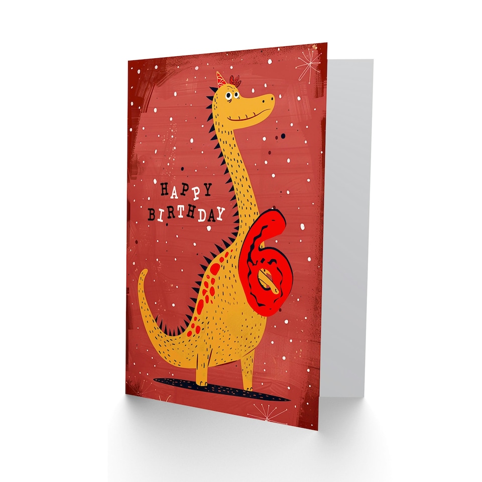 image 1 of Spiky Yellow Red Dinosaur Cartoon Cute 6th 6 Year Old Child Kids Birthday Card