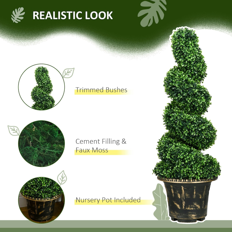 image 1 of HOMCOM Set of 2 Potted Artificial Plants, Topiary Spiral Boxwood Trees, 90cm