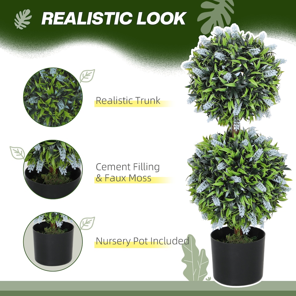 image 1 of HOMCOM Set of 2 Decorative Artificial Plants Ball Trees with Lavender Flowers in Pot Fake Plants for Home Indoor Outdoor Decor, 70cm, Blue