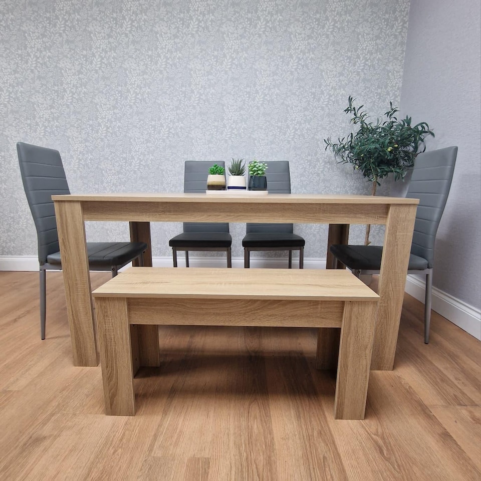 Oak Effect Dining Table Set With 4 Grey Faux Leather Chairs And Bench ...