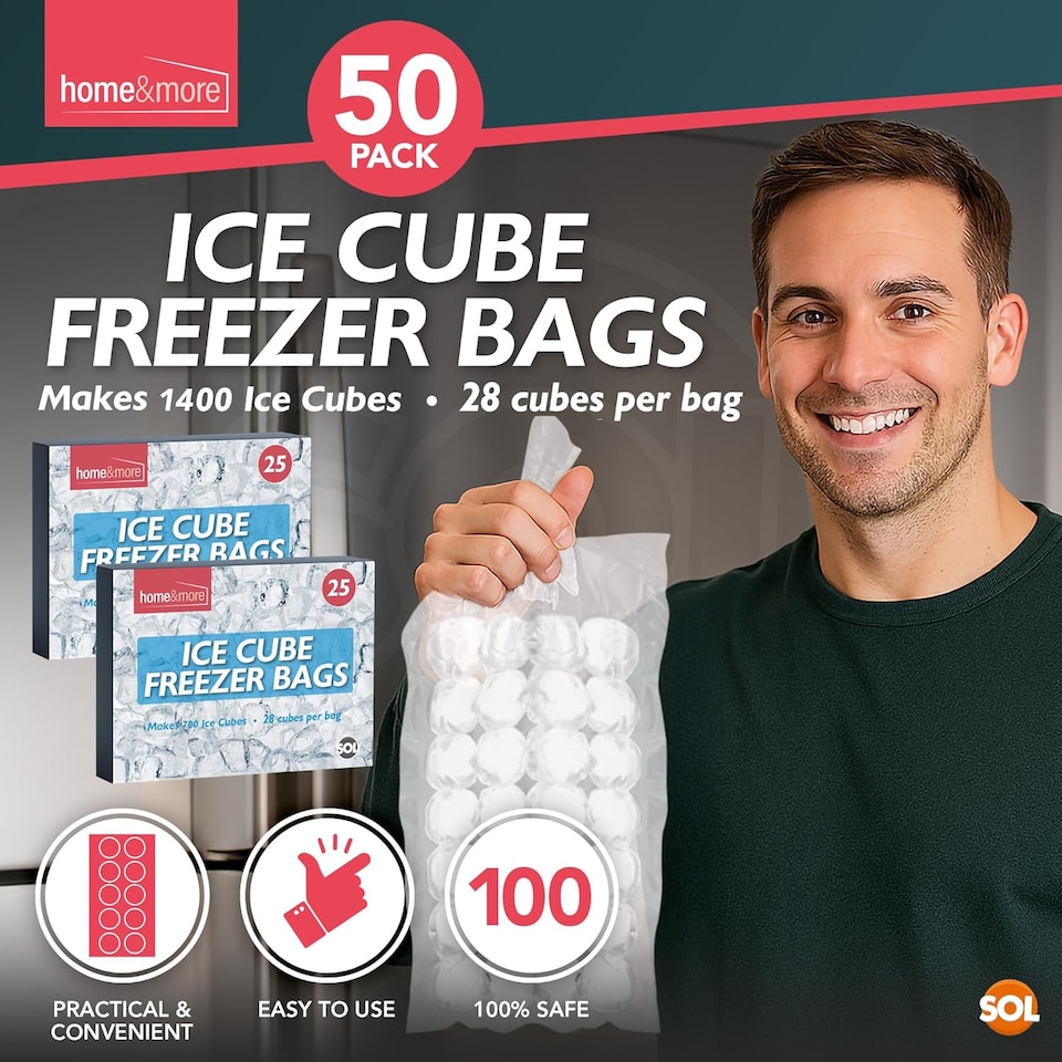 image 1 of 50pk Ice Cube Freezer Bags – Makes 1,400 Cubes, Food-Grade Odour-Free Ice Bags for Freezing, Storage & Party Drinks