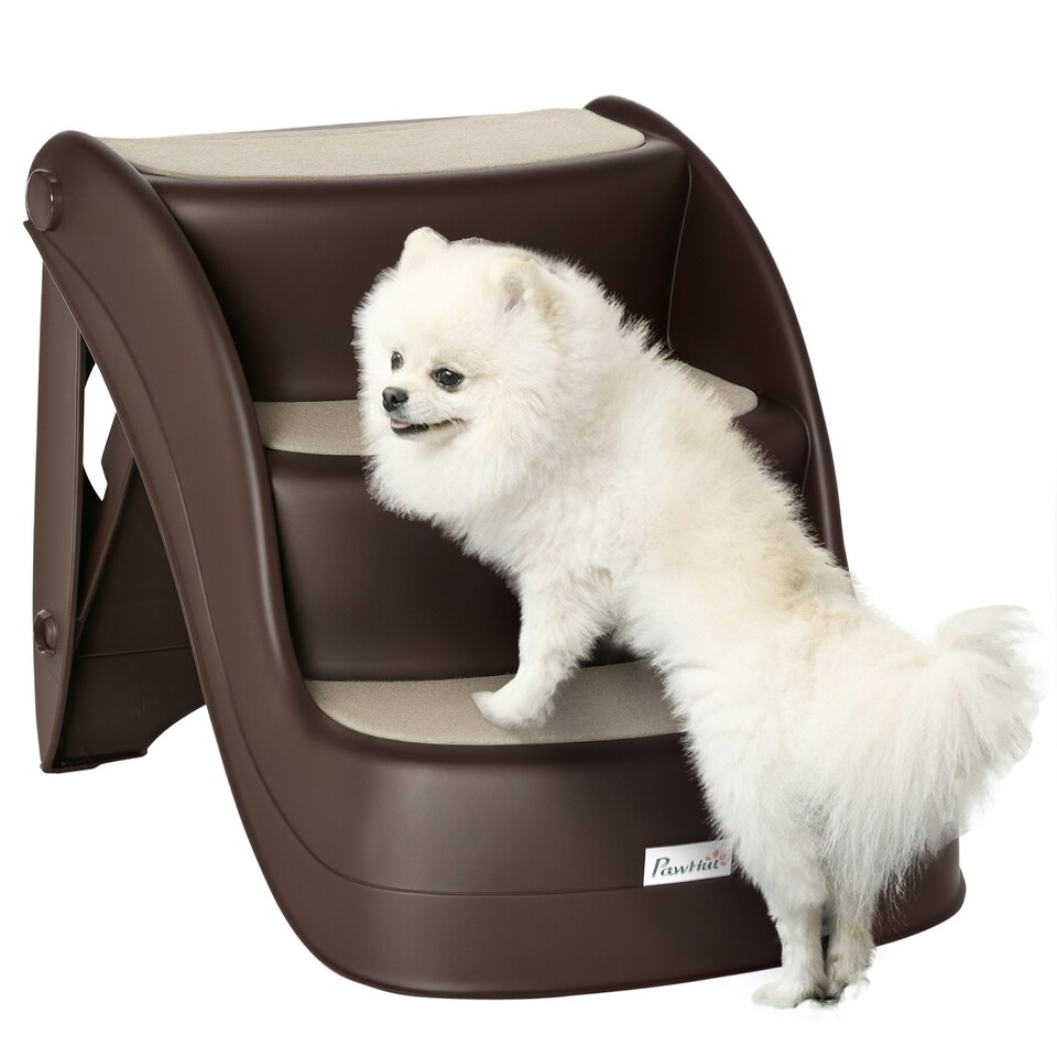 image 1 of PawHut Foldable Pet Stairs 3 Steps with Non-slip Mats for Small Dogs, Brown