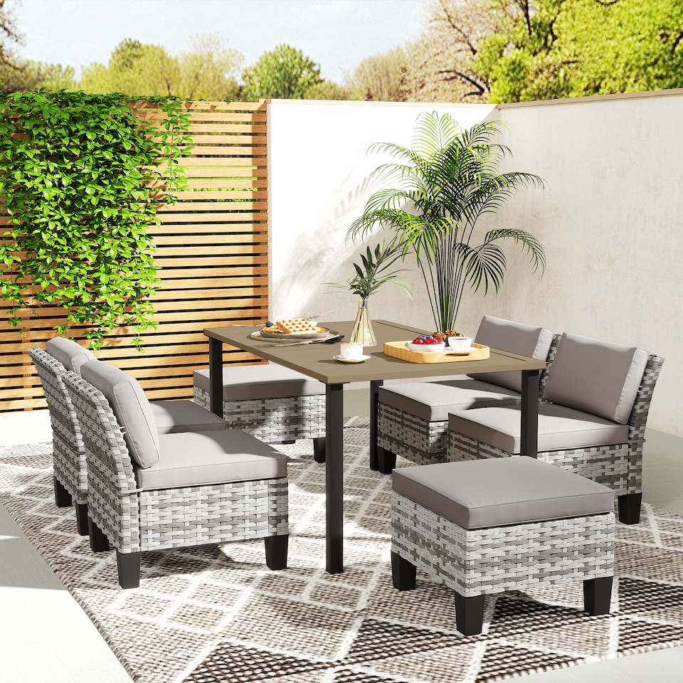 image 1 of Outsunny 7 PCS Rattan Garden Dining Set with Cushions, Umbrella Hole, Grey | Grey | Grey | 1