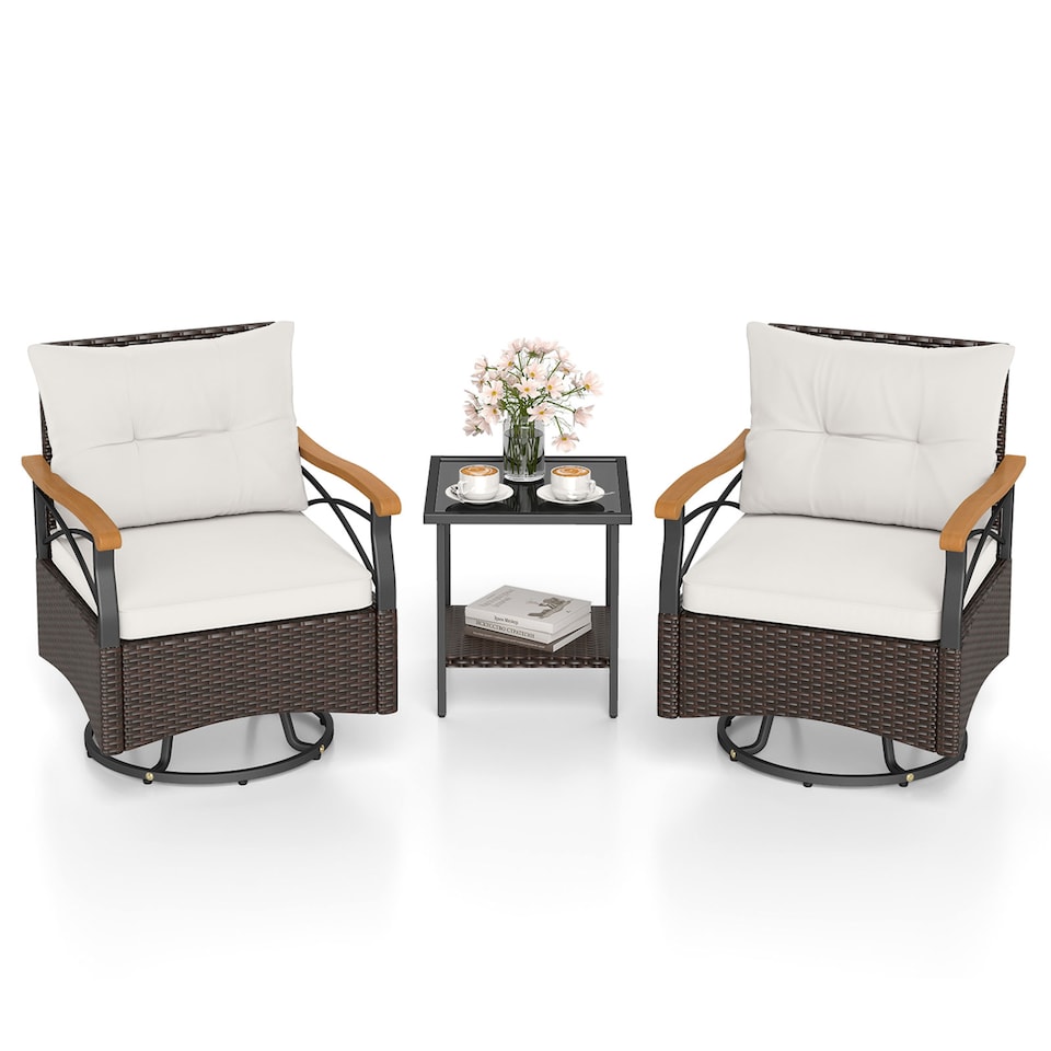 image 1 of COSTWAY 3 Piece Outdoor Swivel Chair Set Patio Wicker Rotating Chairs