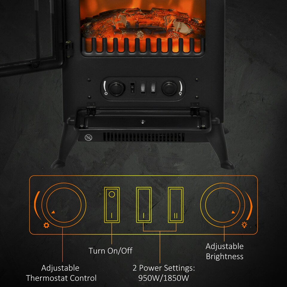 image 1 of HOMCOM Fireplace Stove Heater Log Burning Flame Electric 950/1850W Living Room