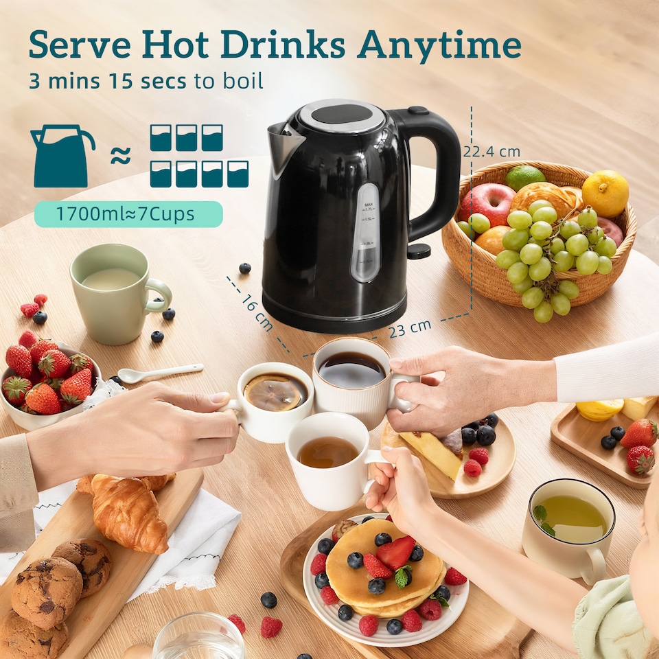 image 1 of HOMCOM Kettle and Toaster Set, 1.7L 3000W Rapid Boil Jug Kettle with Otter Thermostat, Limescale Filter, 2 Slice Toaster with 7 Browning Controls, Crumb Tray, Black | Black