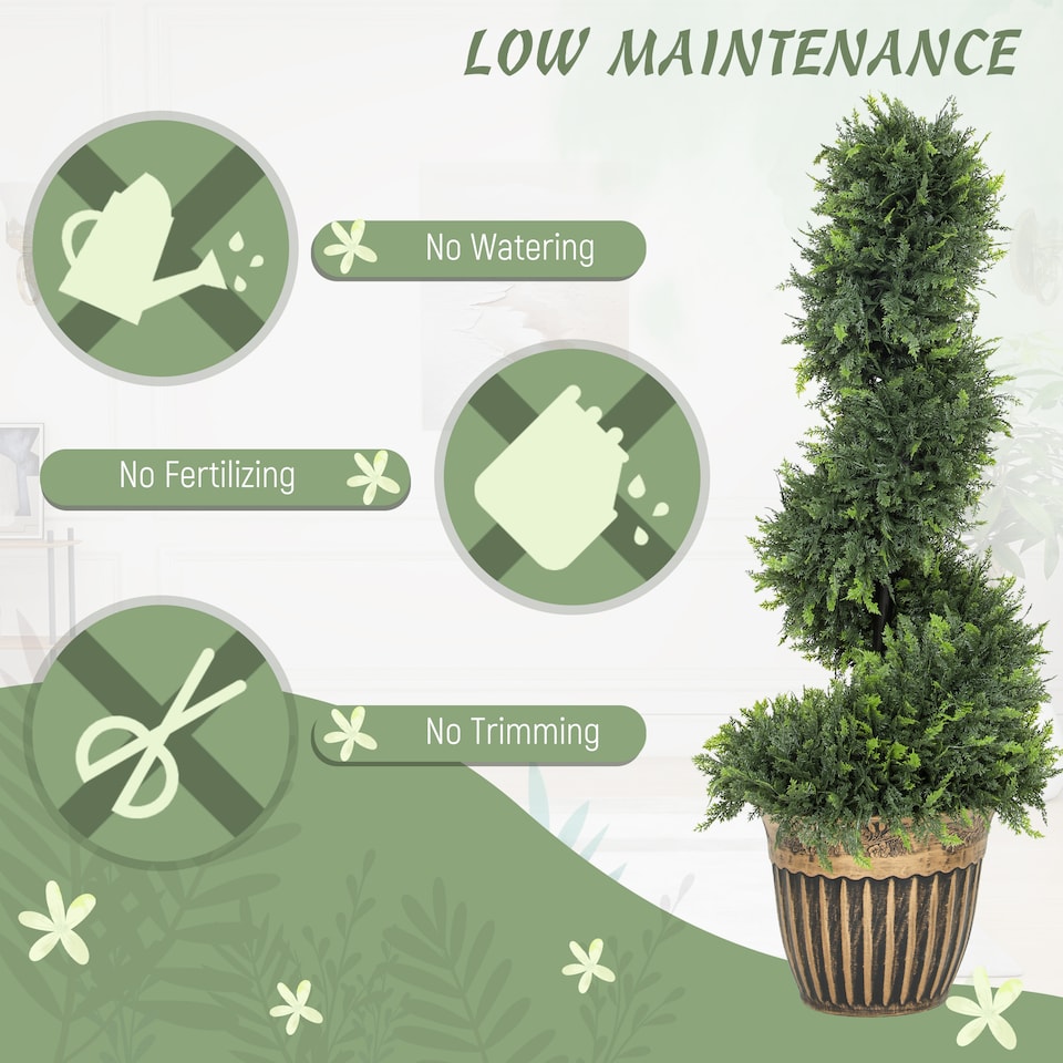 image 1 of HOMCOM Set of 2 Decorative Artificial Plants Topiary Spiral Cypress Trees in Pot, Fake Plants for Home Indoor Outdoor Decor, 90cm, Green | Green | Green | 3ft