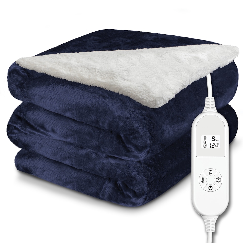 image 1 of Dreamcatcher Navy Blue Soft Microfleece & Sherpa Electric Blanket Heated Throw 160x120cm | Blue | Blue | One Size | 1