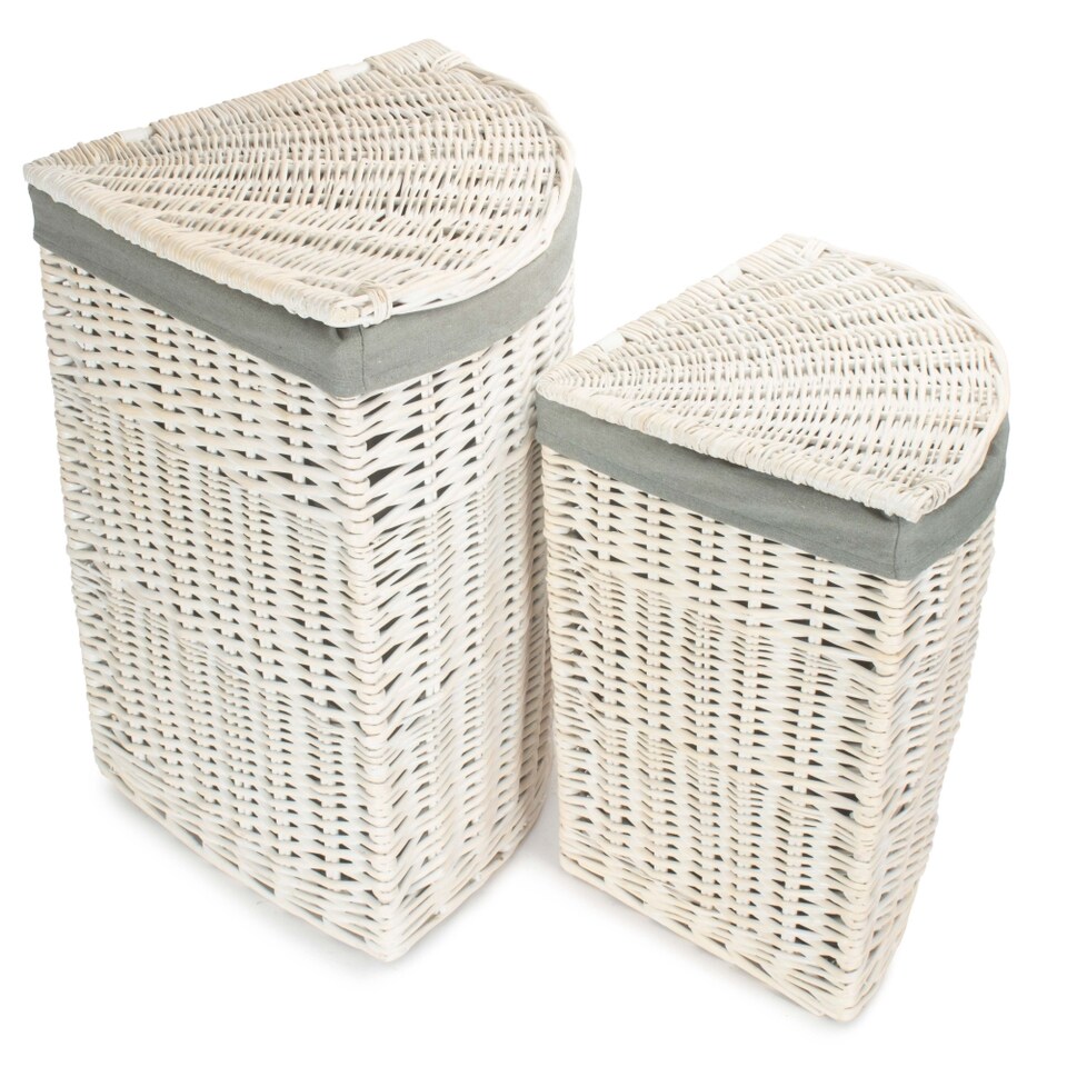 image 1 of Set of 2 Corner White Wash Laundry Hamper with Grey Sage Lining Grey | Grey