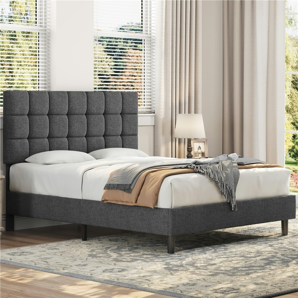 image 1 of Yaheetech 150 cm W × 200 cm L Upholstered Bed Frame Dark Grey