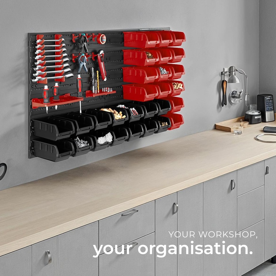 image 1 of Small parts organiser with 28 stacking boxes and tool holders | Black | black | 17 x 96 x 54 cm | 1