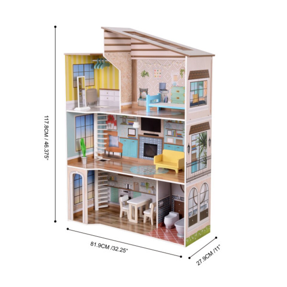 image 1 of Teamson Kids Wooden Mediterranean 3 Storey Doll House for 12" Dolls, Dollhouse