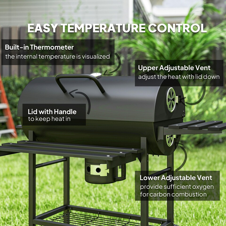 image 1 of Outsunny Charcoal BBQ Grill with Warming Rack Shelves Temperature Gauge