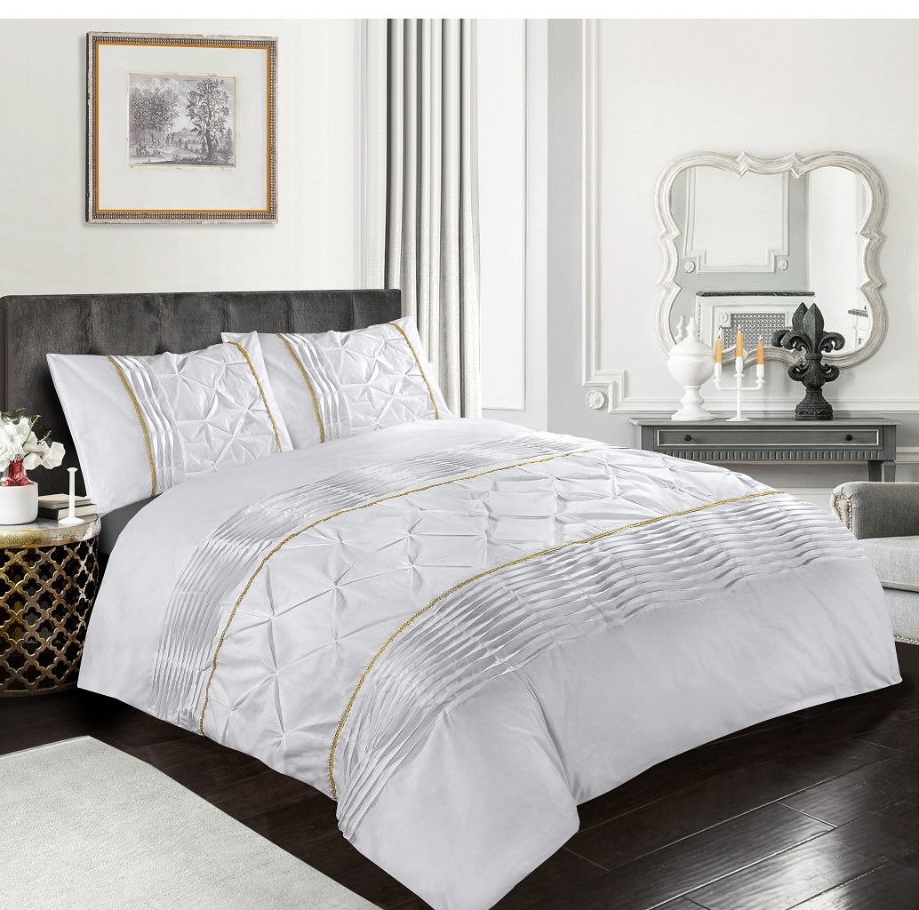 Homes Linen Duvet Cover Set White Eleanor Pintuck Stripes Luxury Quilt Cover Sets Soft Poly Cotton Easy Care Bedding Set White Super King