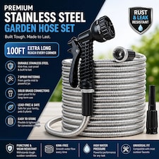 100FT Garden Hose Pipe Stainless Steel Lightweight Durable Strong Kink Free Leakproof Rust-Proof Spray Water Gun HosePipe Reel 30M