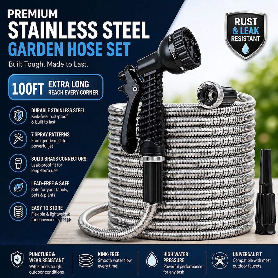 image 1 of 100FT Garden Hose Pipe Stainless Steel Lightweight Durable Strong Kink Free Leakproof Rust-Proof Spray Water Gun HosePipe Reel 30M