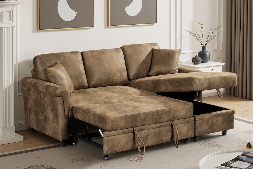 image 1 of Faux Leather Suede Brown 2C1 Corner Sofabed with Chaise OSCAR