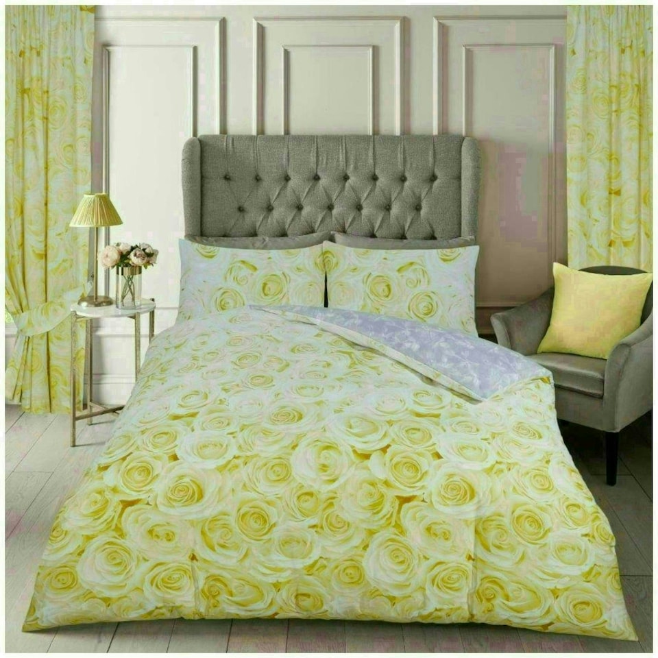 image 1 of VELVETIO Bellerose Floral Printed Duvet Cover Set Rebersible Polycotton Beddings Yellow | Ochre | Single