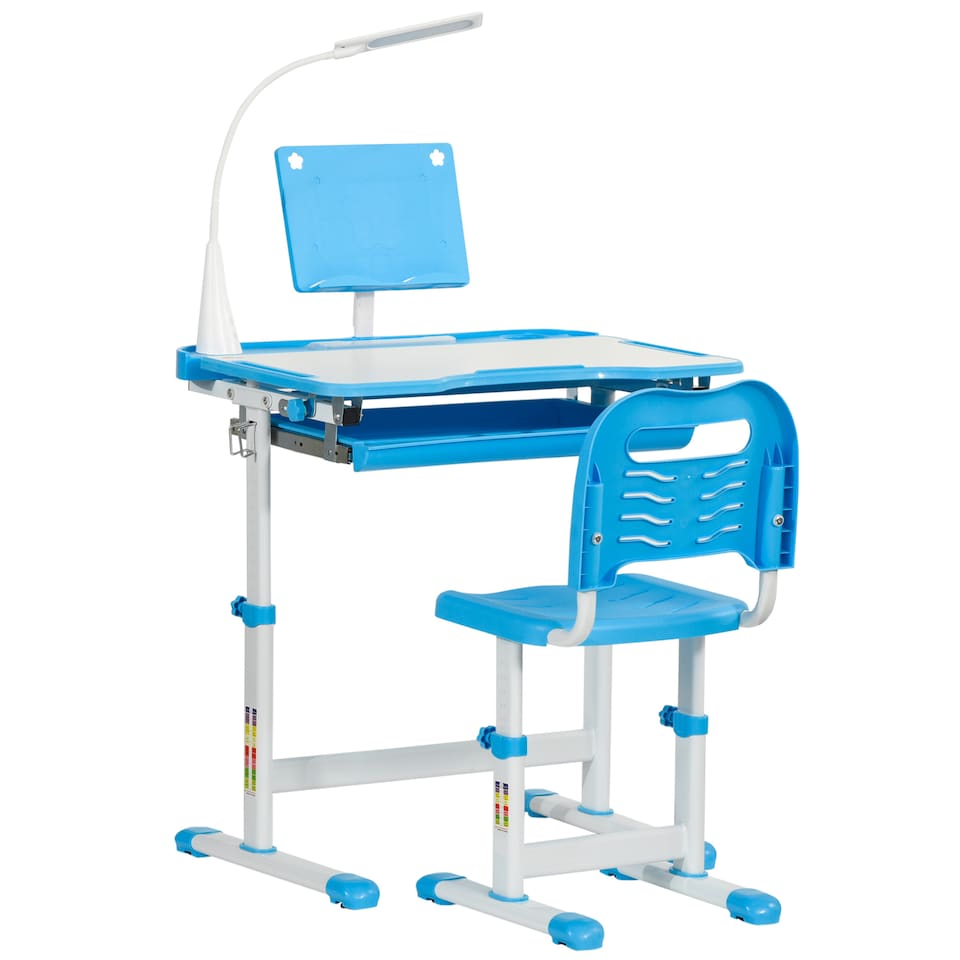 image 1 of HOMCOM Kids Desk and Chair Set, Height Adjustable Study Desk with USB Lamp | Blue