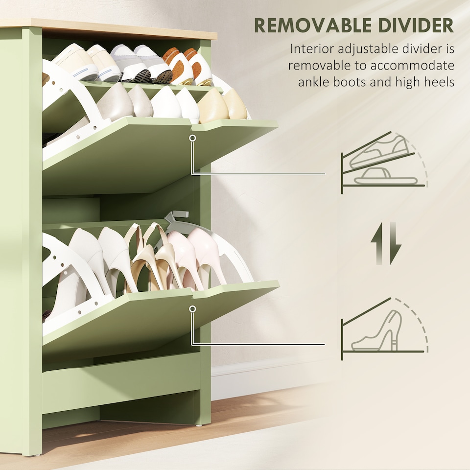 image 1 of HOMCOM 12-Shoe Storage Cabinet 4 Shelves 2 Drawers Tabletop Green | Green