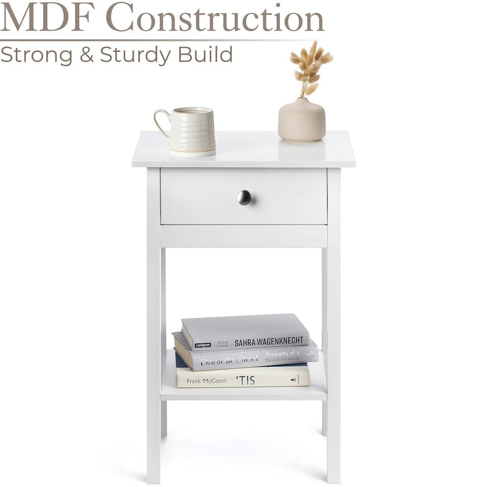 image 1 of Christow White Bedside Table Bedroom Cabinet Nightstand With Drawer & Shelf