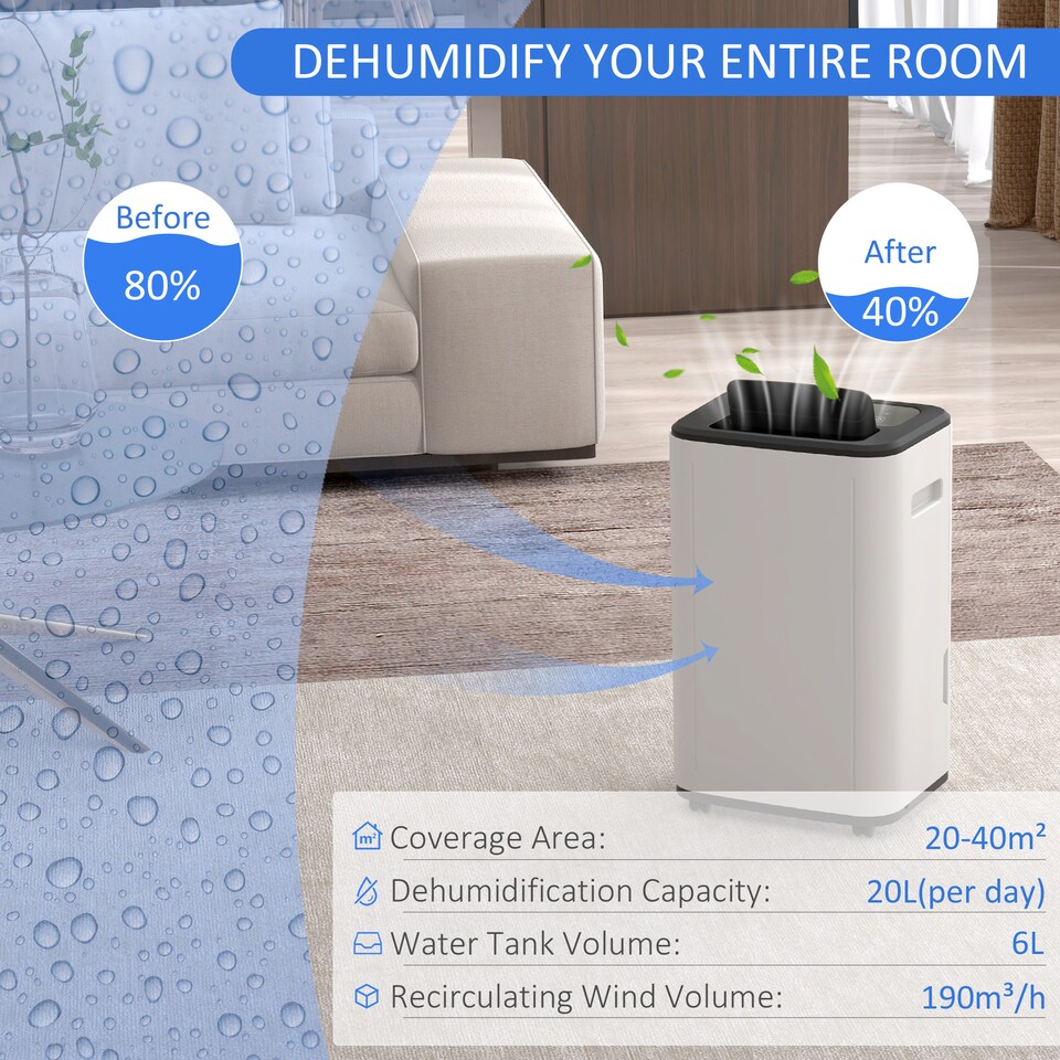image 1 of HOMCOM 20L/Day 6L Dehumidifier, Portable Quiet Air Dehumidifier for Laundry