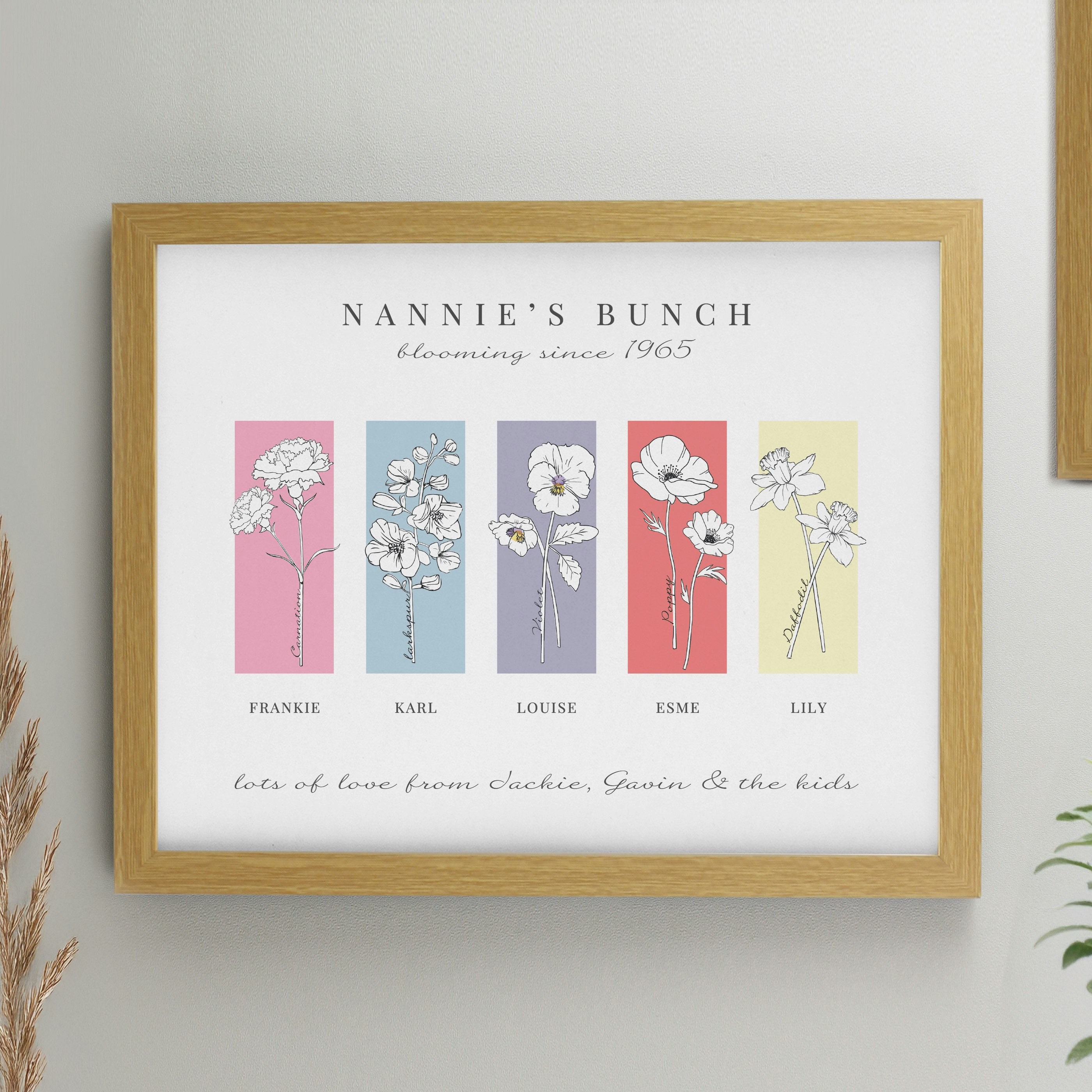 Personalised Birth Flower Family of 5 Oak Framed Print Brown One Size