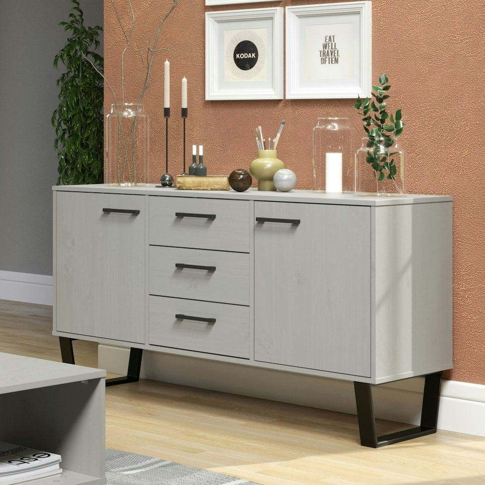 image 1 of Texas 2 Door 3 Drawer Medium Sideboard in Antique Waxed Pine - Industrial Style with Metal Legs | Grey | Grey | One Size | 1