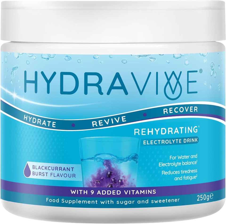 image 1 of Hydravive Rehydration Electrolytes Powder - Blackcurrant - High Strength Vitamin C & 8 B Vitamins: B1, B3, B5, B12 - Electrolyte Drinks - 250g