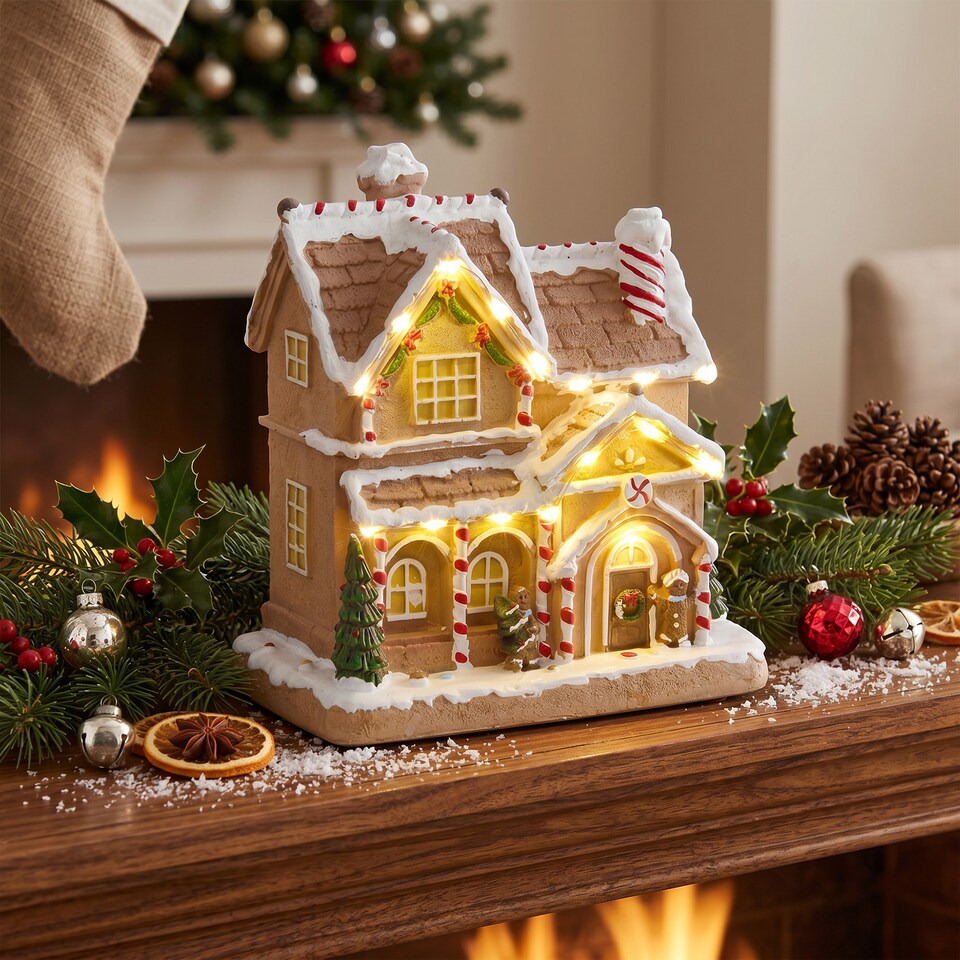 image 1 of HOMCOM Lighted and Musical Christmas Candy House with Gingerbread Man Brown