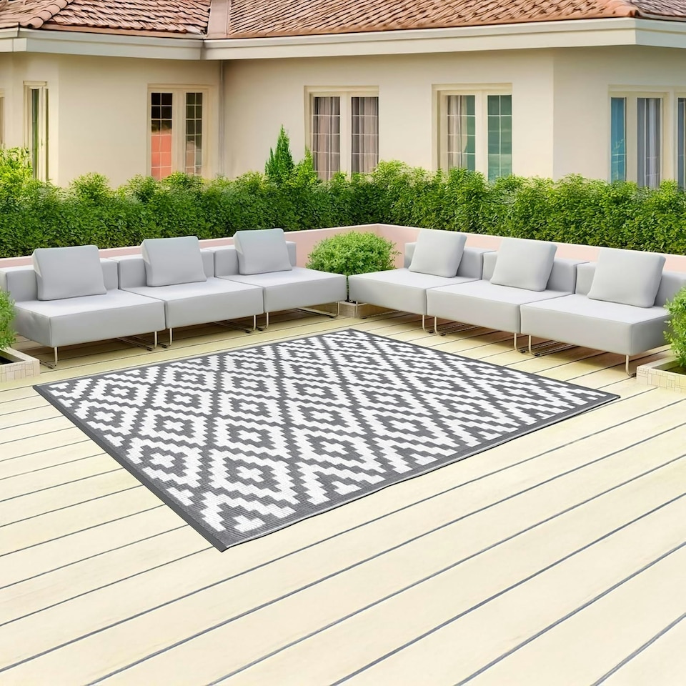 image 1 of Marco Paul Grey Aztec Outdoor Rug 180x120cm Black | white | 180 x 120cm