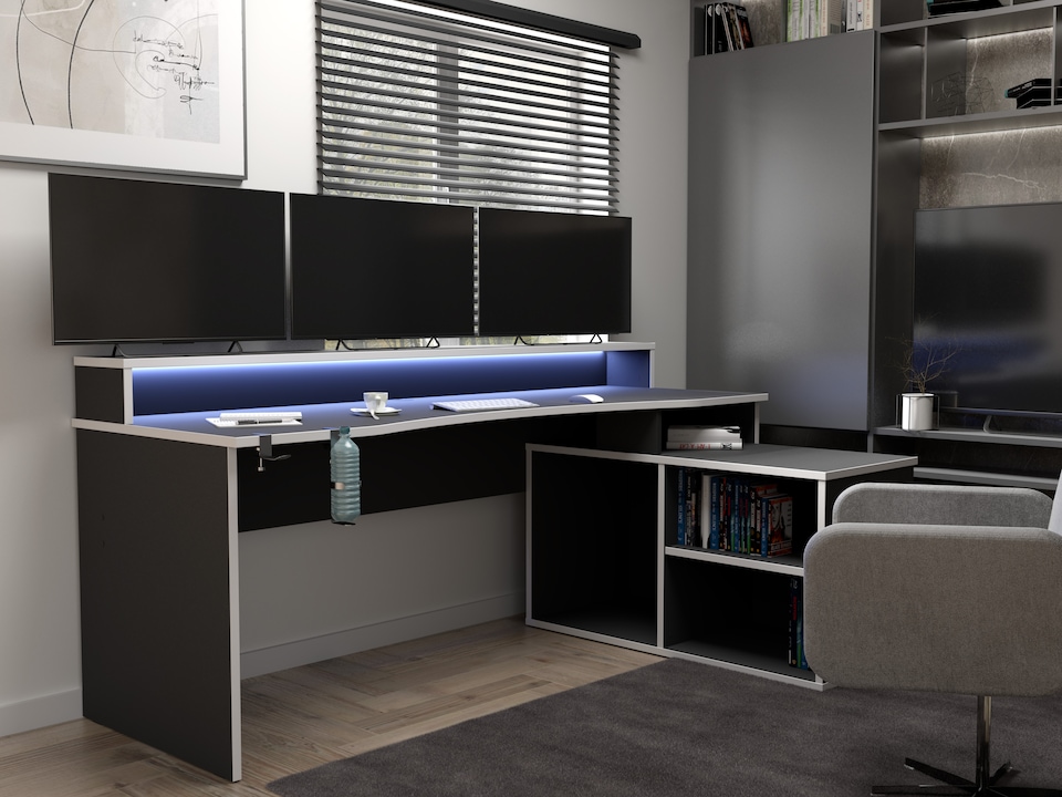 image 1 of Tezaur Black Storage Gaming Desk 3 Shelves with Colour Changing LED