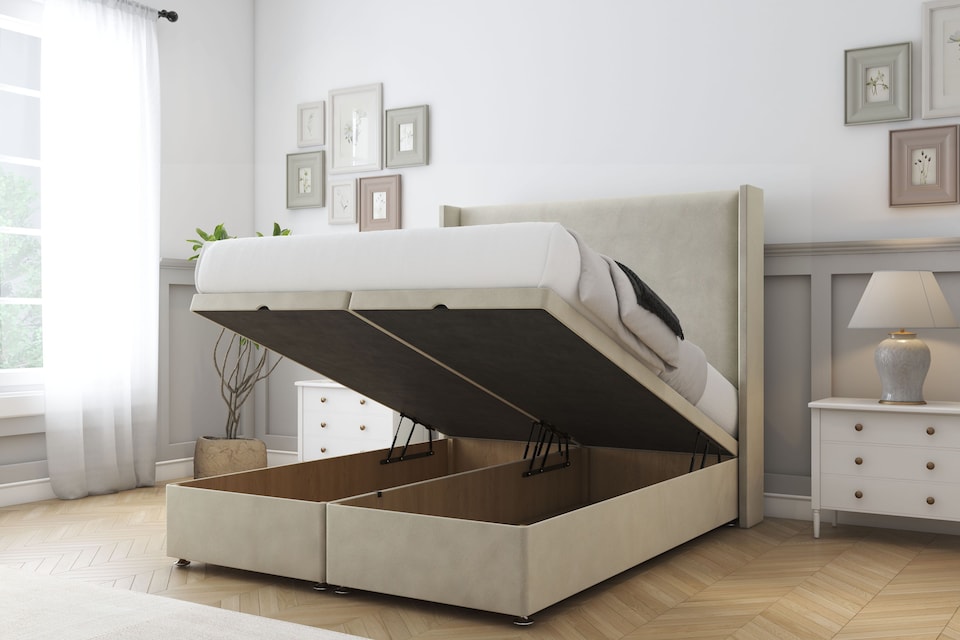 image 1 of Sloomy Devonshire Cream Plush Ottoman Bed Base With 54" Wingback Headboard 3' Single | Cream | Cream | Single | 1