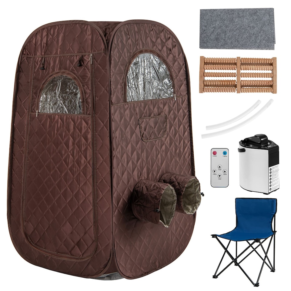 image 1 of COSTWAY Portable Steam Sauna Tent 1 or 2 People Sauna Tent Foldable Chair-Coffee