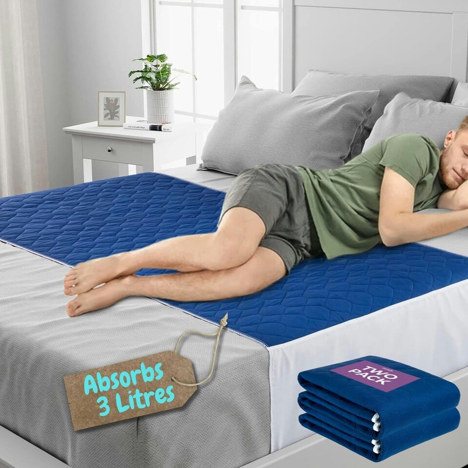 image 1 of Incontinence Bed Pads with Tucks - Washable, Absorbs up to 3L, 85 x 150cm Blue | 1 pack | King