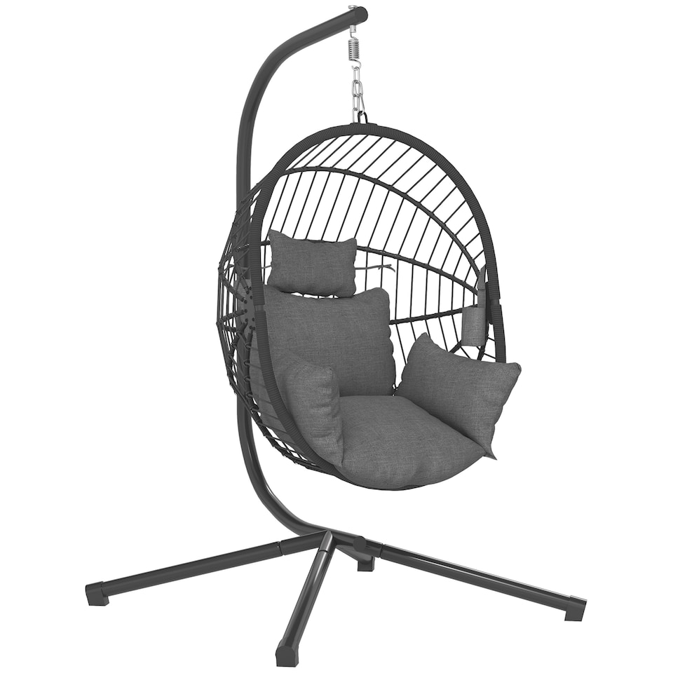 image 1 of Outsunny Outdoor Swing Chair with Thick Padded Cushion, Patio Hanging Chair with Metal Stand, Foldable Basket Egg Chair with Cup Holder, Rope Structure, for Indoor and Outdoor, Grey | Grey