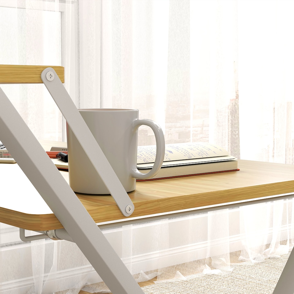 image 1 of HOMCOM Folding Desk with 2-Tier Shelf for Home Office, Maple Wood-effect | Yellow | Maple wood-effect