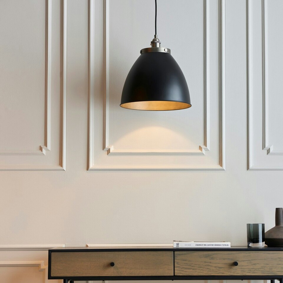 image 1 of Franklin Single Pendant Ceiling Lamp, Aged Pewter Plate, Matt Black Paint