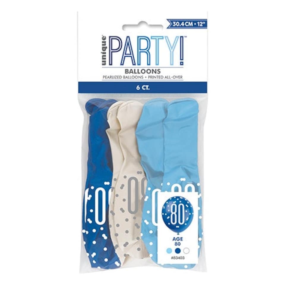 image 1 of Blue Glitz Age 80 Assorted Biodegradable Latex Balloons 30cm / 12 in - Pack of 6