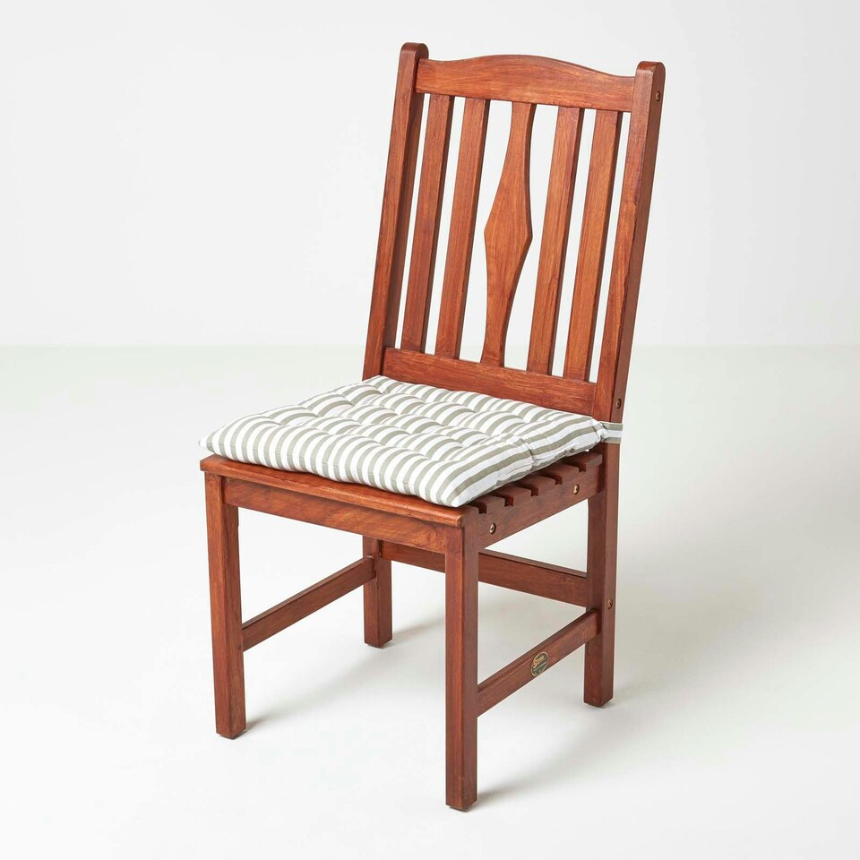 image 1 of Homescapes Grey Stripe Seat Pad with Button Straps 100% Cotton - 40 x 40 cm Grey