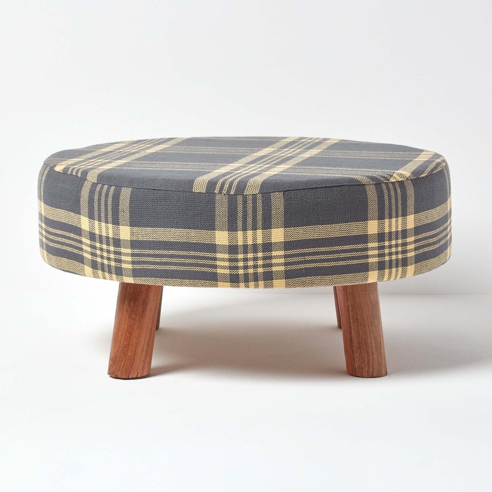 image 1 of Homescapes Grey and Yellow Tartan Fabric Flat Circular Stool with Wooden Legs | Grey | 62 x 62 x 30 cm
