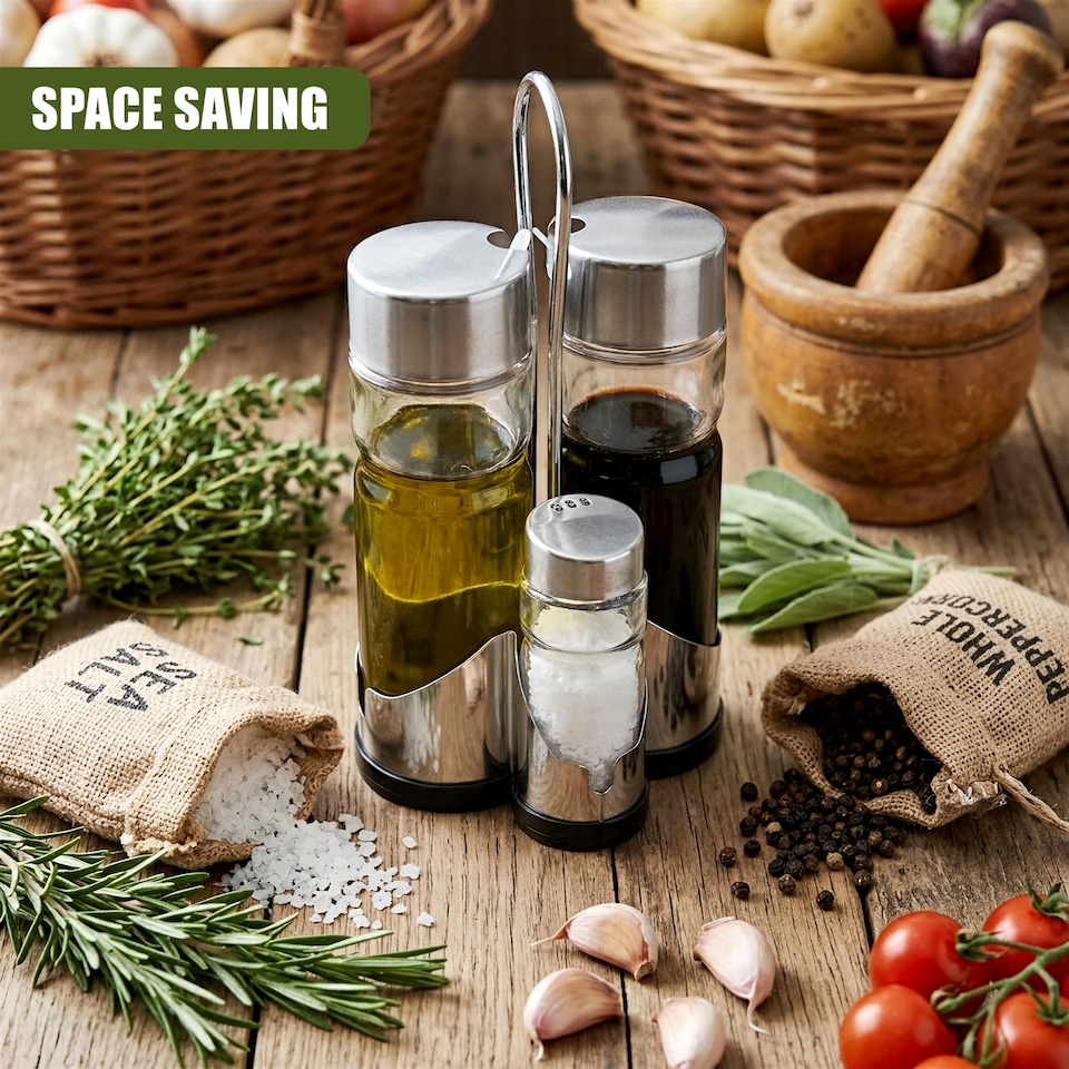 image 1 of GEEZY 4 Piece Glass Cruet Set and Condiment Dispenser With Stand 20.5cm