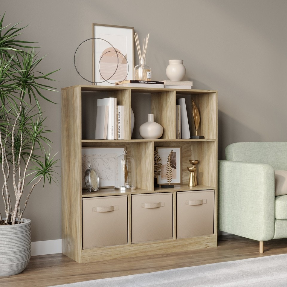 image 1 of Asymmetrical 8 Oak Cube Bookcase Shelf Storage Unit with 3 Fabric Drawer Inserts | Multi | Oak & Beige Drawer | 1