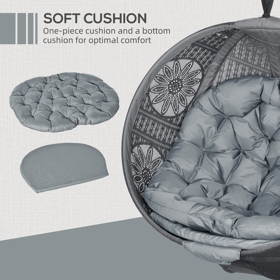 image 1 of Outsunny Outdoor Hanging Chair, Swing Chair with Metal Stand, Thick Padded Cushion, Foldable Basket and Side Pocket, for Indoor and Outdoor, Charcoal Grey | Grey | Charcoal grey